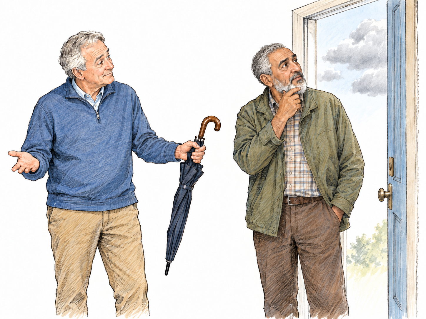 An older man tentatively suggests taking an umbrella, holding it out to his companion with a small questioning shrug as they notice a few gray clouds outside an open doorway.