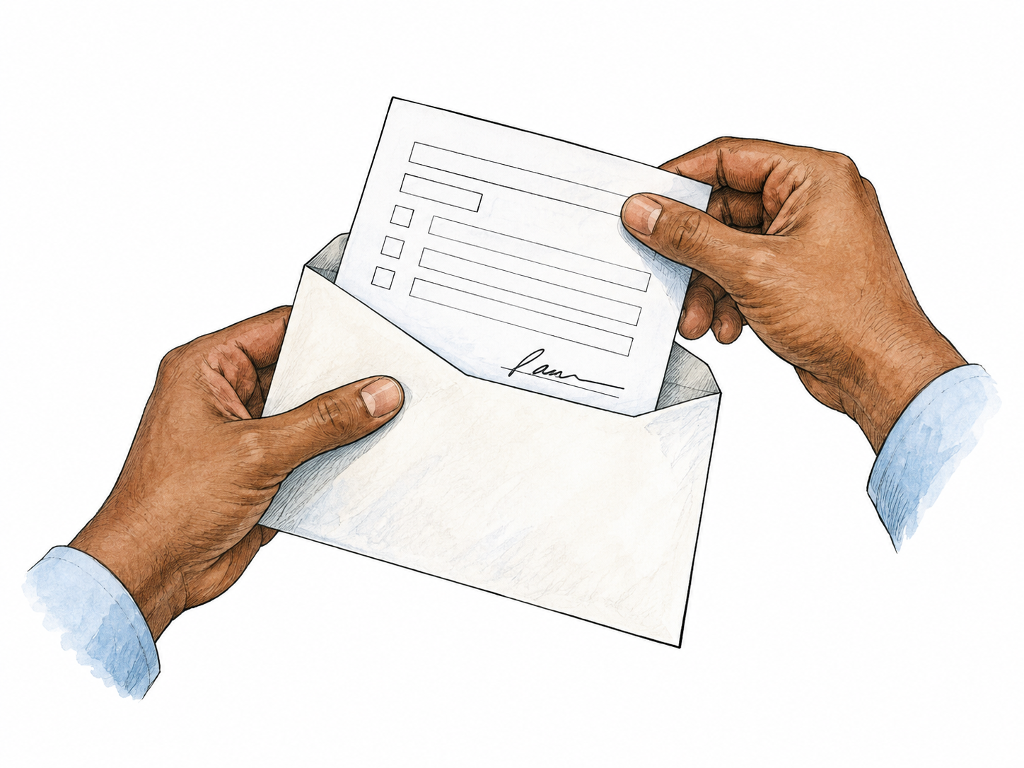 Close view of formal application form being placed in envelope; only essential blank boxes and a signature stroke, no headings or fake text.