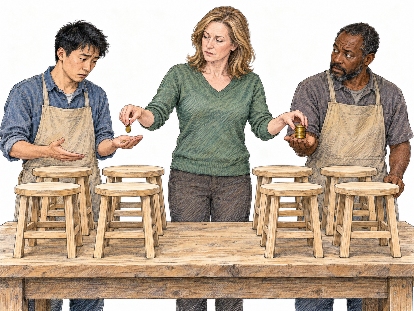 Two workers present identical completed work, but a supervisor gives one a large payment and the other a single coin, making unequal treatment directly visible.