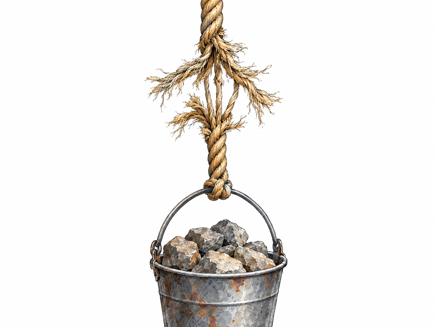 A badly frayed section weakens a rope supporting a heavy bucket: most strands have parted, and the few remaining strands stretch taut under the load.