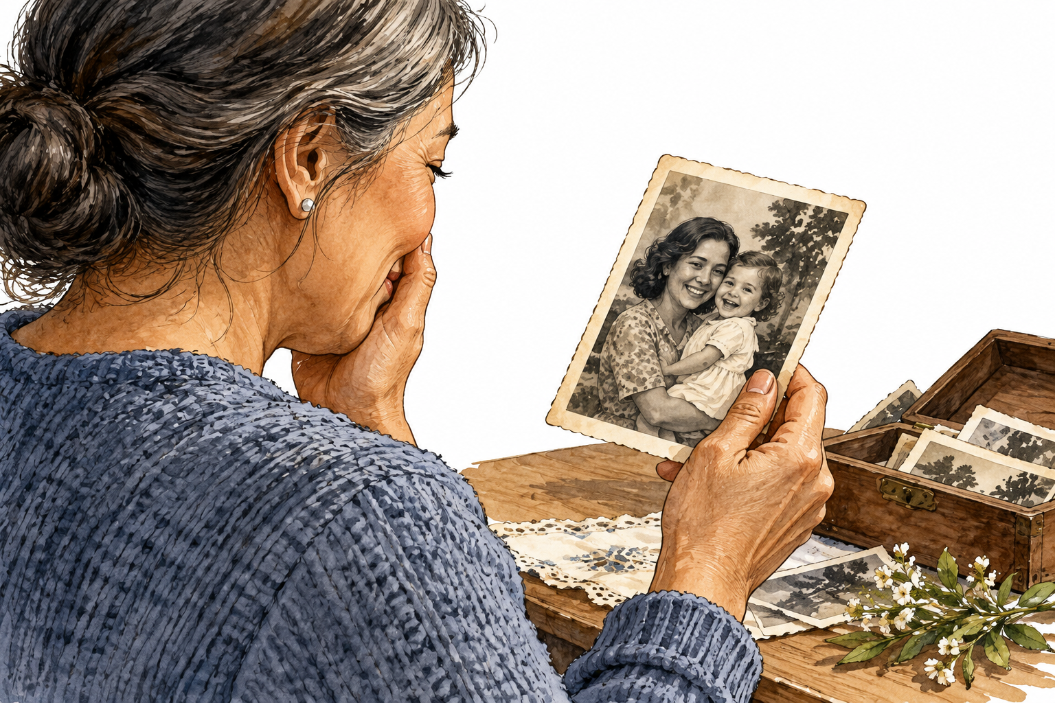 A person holds an old family photograph with tender emotion, affectionate sentiment.