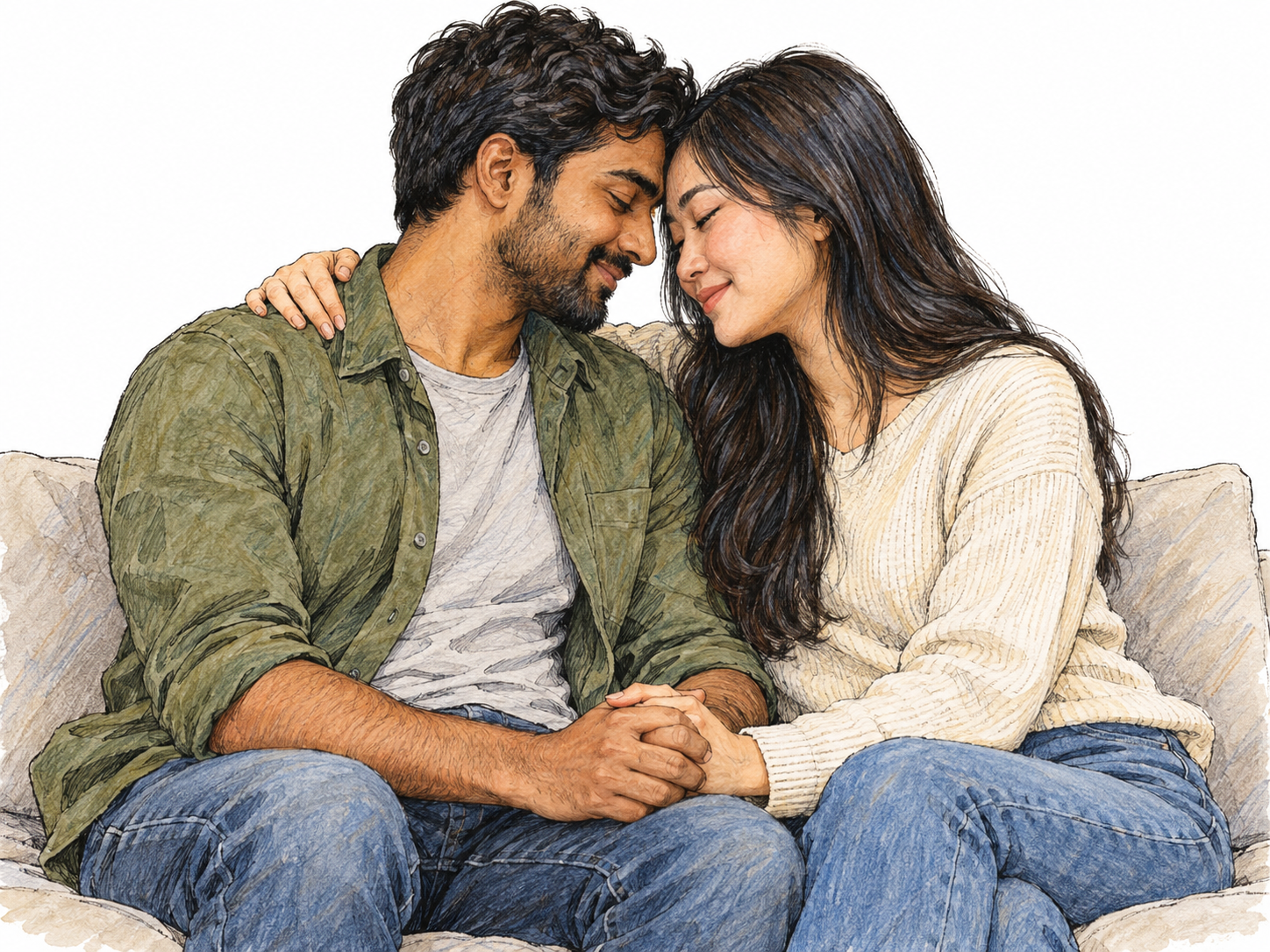 A similar-aged adult couple share a quiet, closely personal moment, sitting nestled together with foreheads touching and hands gently interlaced.