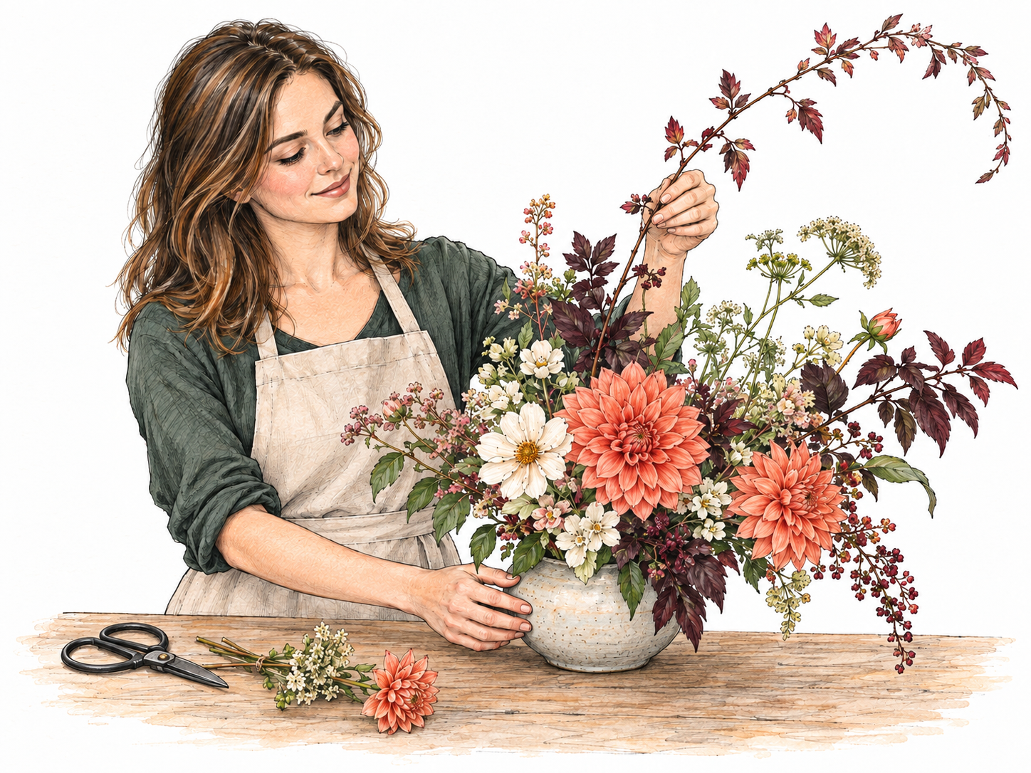 A young floral designer demonstrates stylish originality by arranging an elegant, boldly asymmetrical bouquet, with a sweeping branch and carefully balanced flowers rather than a conventional round bunch.