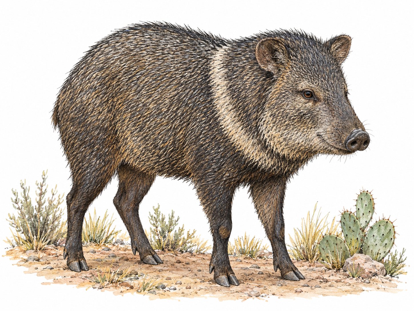 A single collared peccary in three-quarter side view, showing its coarse grizzled coat, pale shoulder collar, blunt piglike snout, small hooves and nearly invisible tail, with sparse American dry-scrub vegetation.