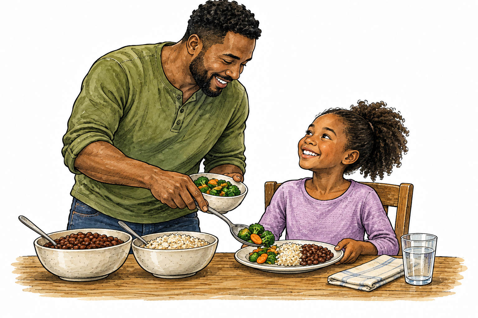 A Black father serves vegetables, beans and rice to his growing school-age daughter at a simple kitchen table.