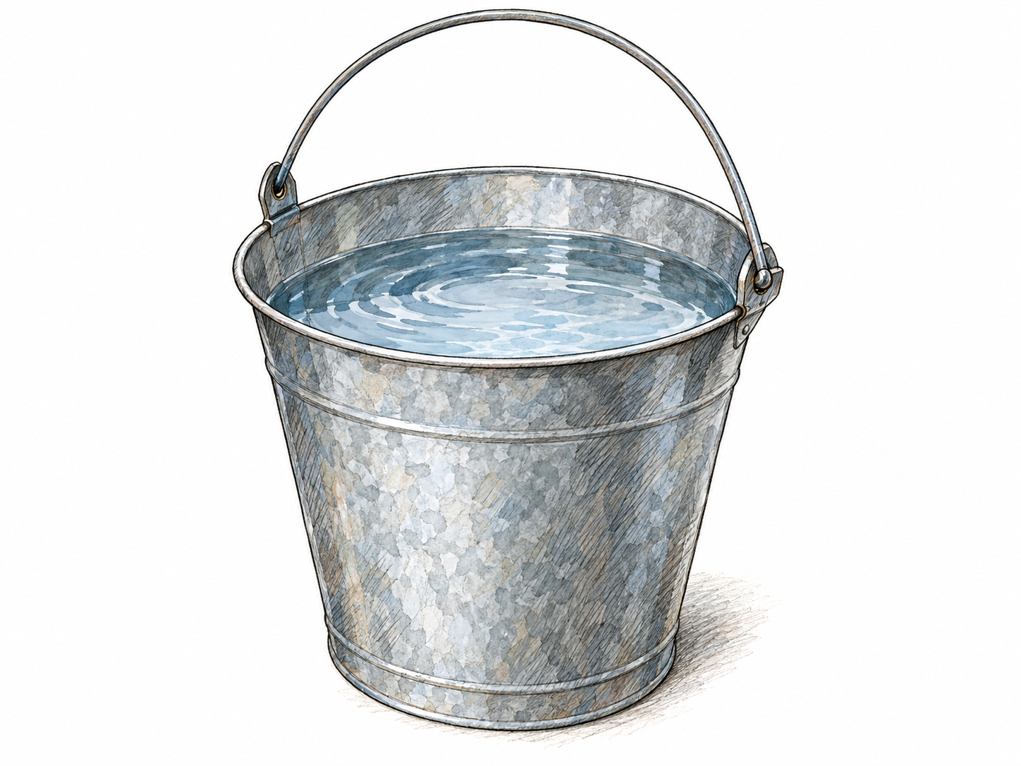 A single open metal bucket partly filled with water, viewed slightly from above so its open rim, water surface, and raised carrying handle are immediately visible.