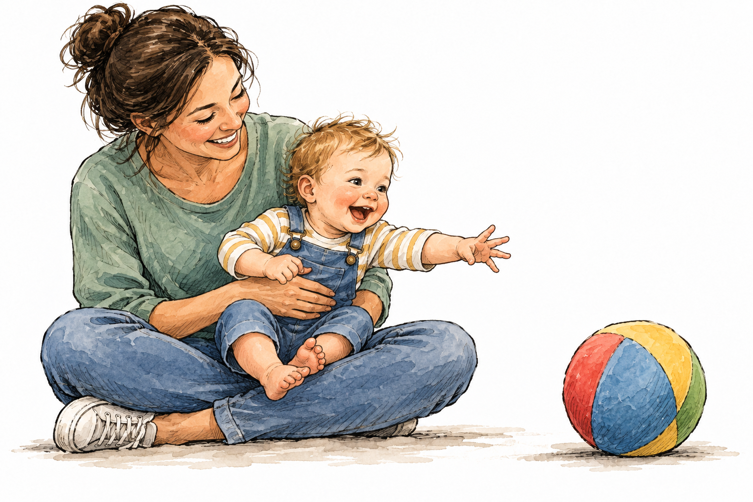 A smiling very young child seated safely on a parent's lap reaching toward a soft ball, no text.