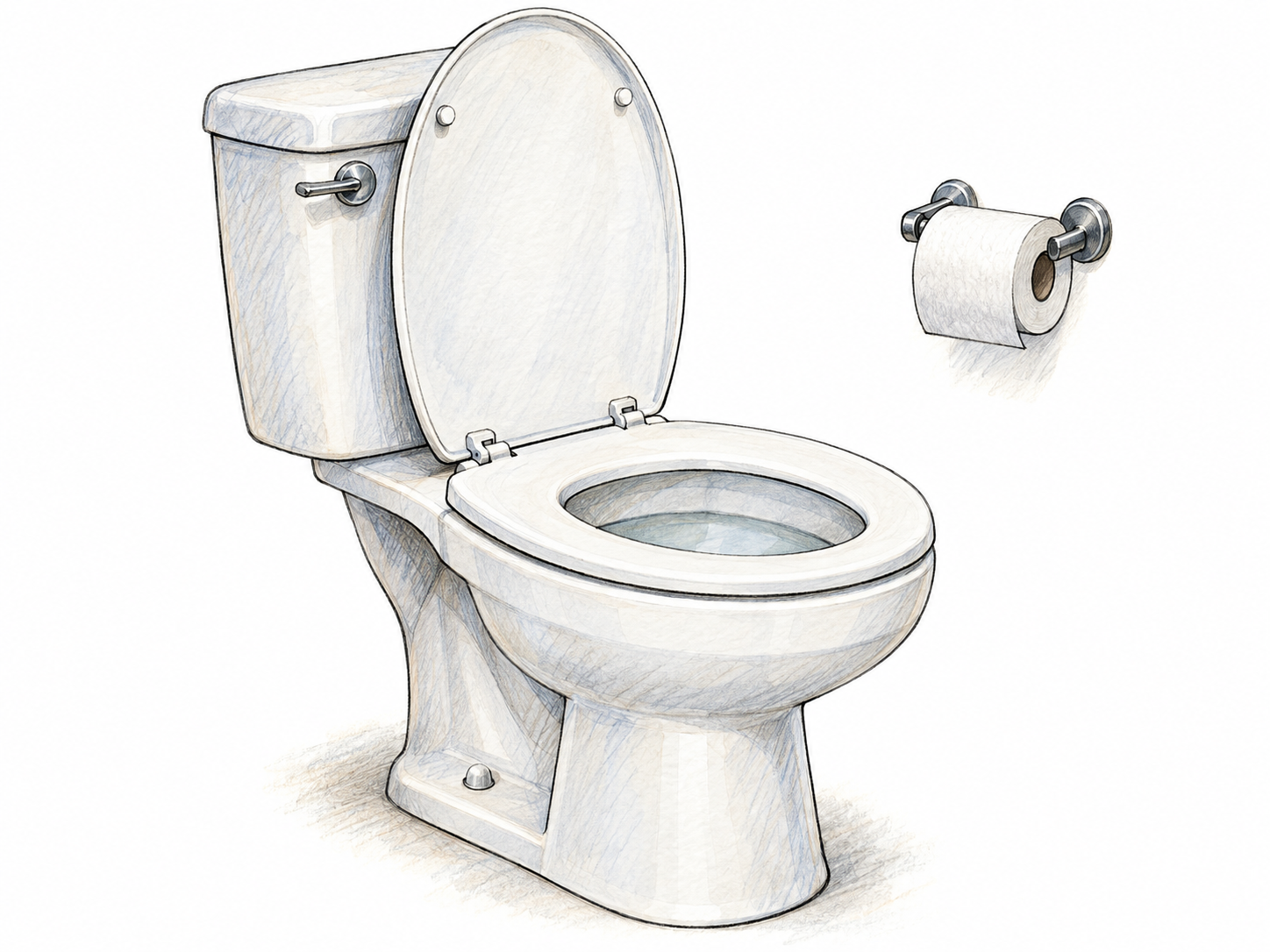 A clearly recognizable modern toilet, with its lid raised and seat down, accompanied by a wall-mounted toilet-paper roll.