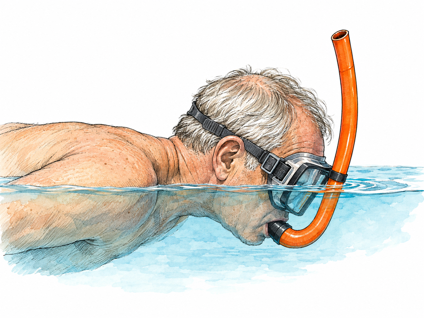 A close side view across the waterline shows a face-down swimmer using a clearly visible curved breathing tube, with its mouthpiece between his lips and its open upper end above the surface.