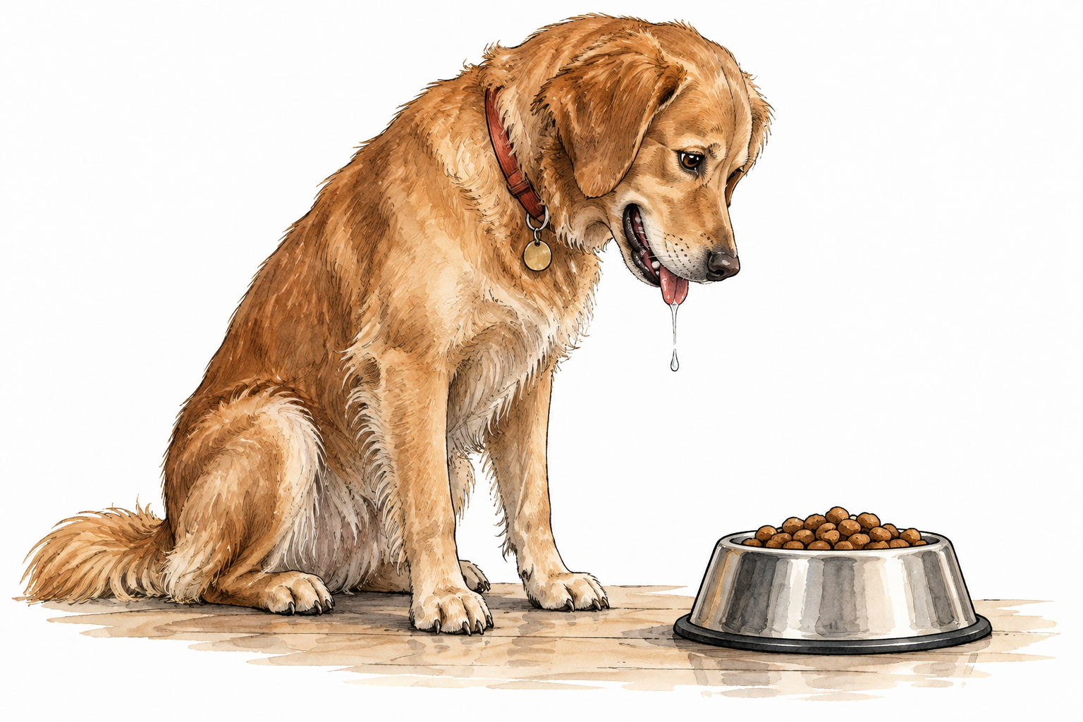 A dog naturally salivates a little while anticipating food in its bowl, realistic calm animal.