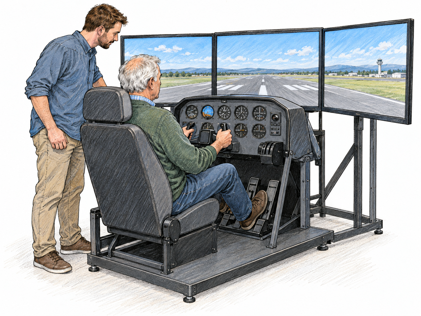An open-sided flight-training simulator: an older trainee operates a cockpit mounted on a stationary indoor platform, facing screens that depict an airport runway.
