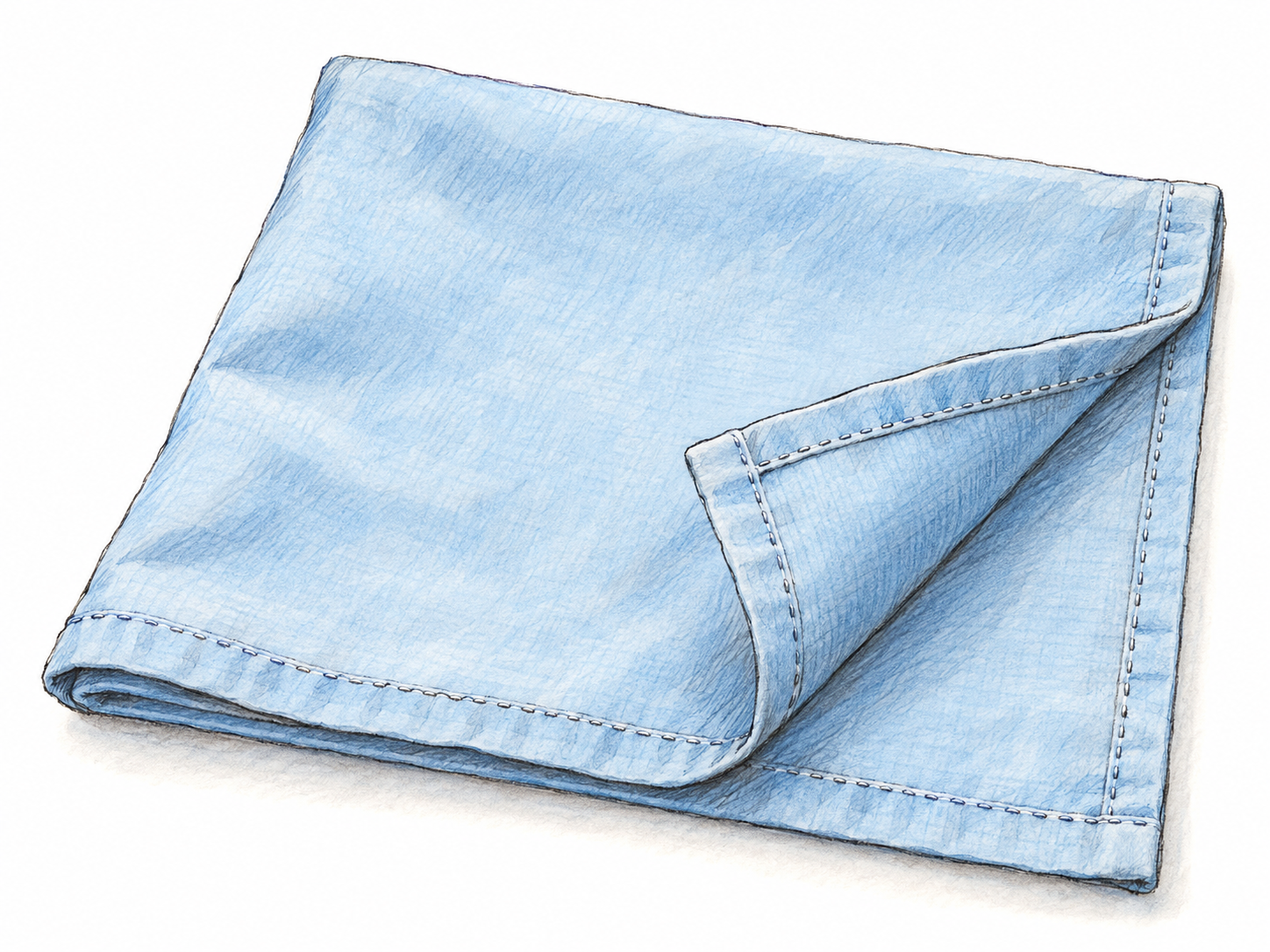 A close-up of a plain cloth napkin with one corner gently turned upward, clearly revealing its folded-under edge secured by a neat row of stitches.