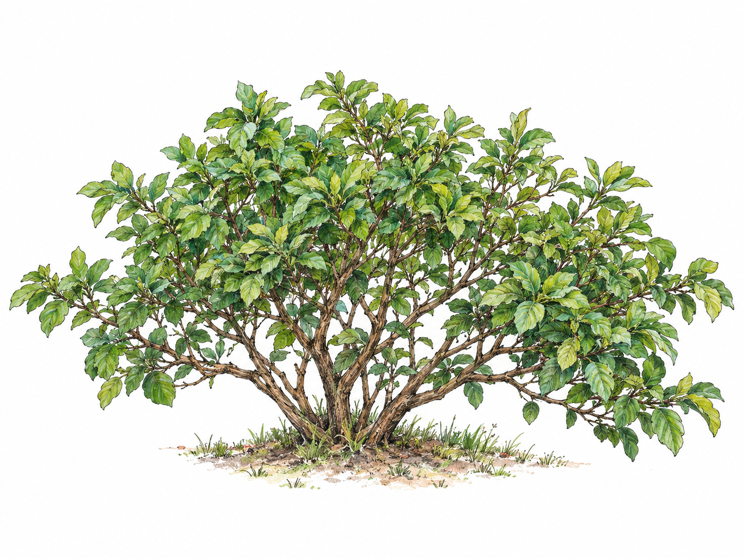 A single low, leafy shrub with several woody stems emerging together at ground level and dividing into many visible branches; an irregular spreading crown distinguishes it from a single-trunk tree.