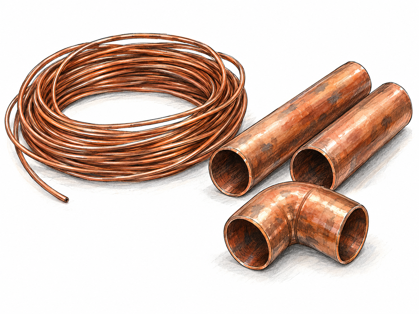 A compact still life of reddish-brown copper: a coil of bare wire beside short hollow plumbing pipes and an elbow fitting, with warm metallic highlights making the shared material unmistakable.