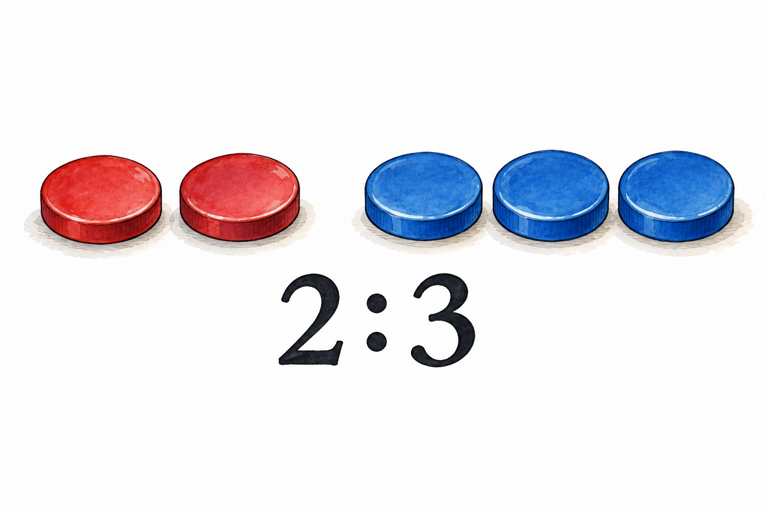 Two red counters and three blue counters sit beside the exact ratio 2:3, mathematically accurate.