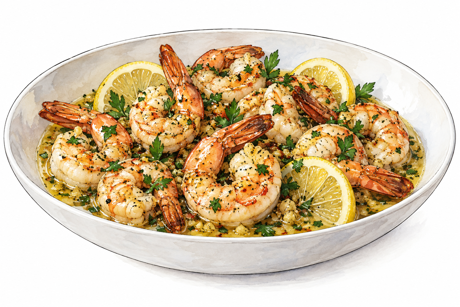 Shrimp scampi in shallow white dish, curled cooked shrimp glistening in garlic butter sauce with parsley and lemon, appetizing realistic food.