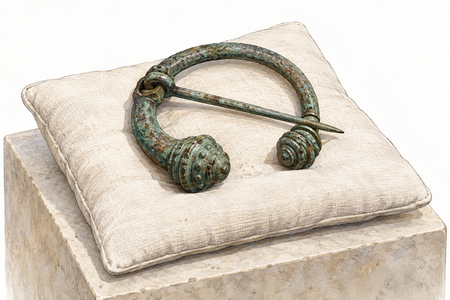 A weathered ancient bronze brooch displayed respectfully on a plain museum cushion, corroded patina and age, no labels.