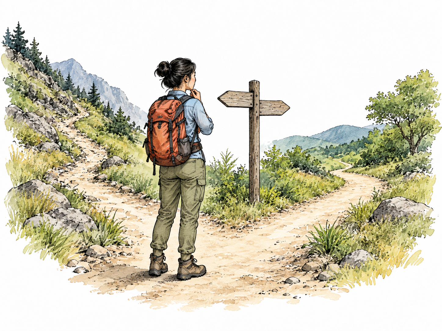 An East Asian woman carefully chooses one of two hiking routes at a fork.