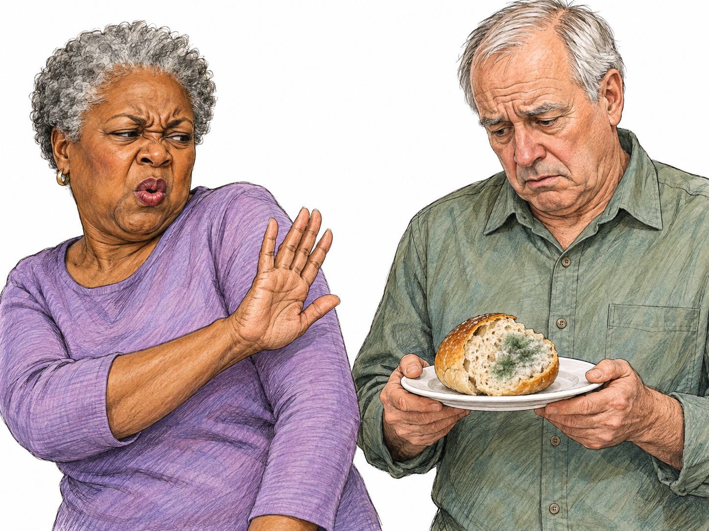 A visibly voiced dismissive reaction to spoiled food: an older woman pulls her face away, wrinkles her nose, rounds her lips in a short disgusted puff, and sharply waves the offending plate away.