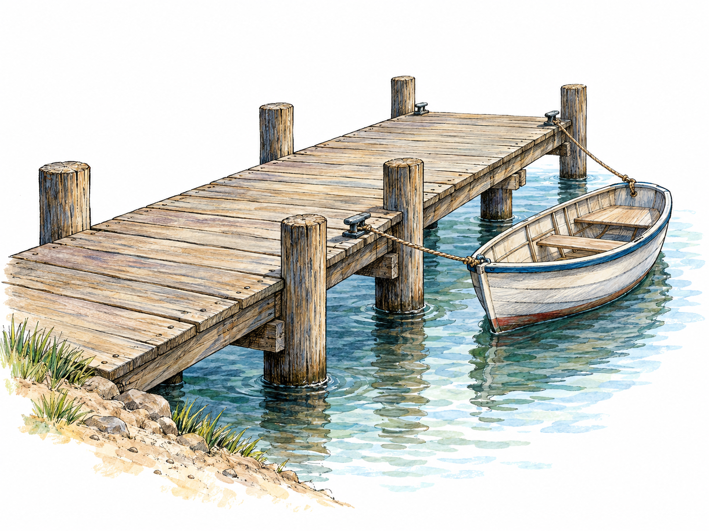 A sturdy wooden dock extends from the shore into water, with a small boat visibly secured alongside by ropes tied to dock cleats.