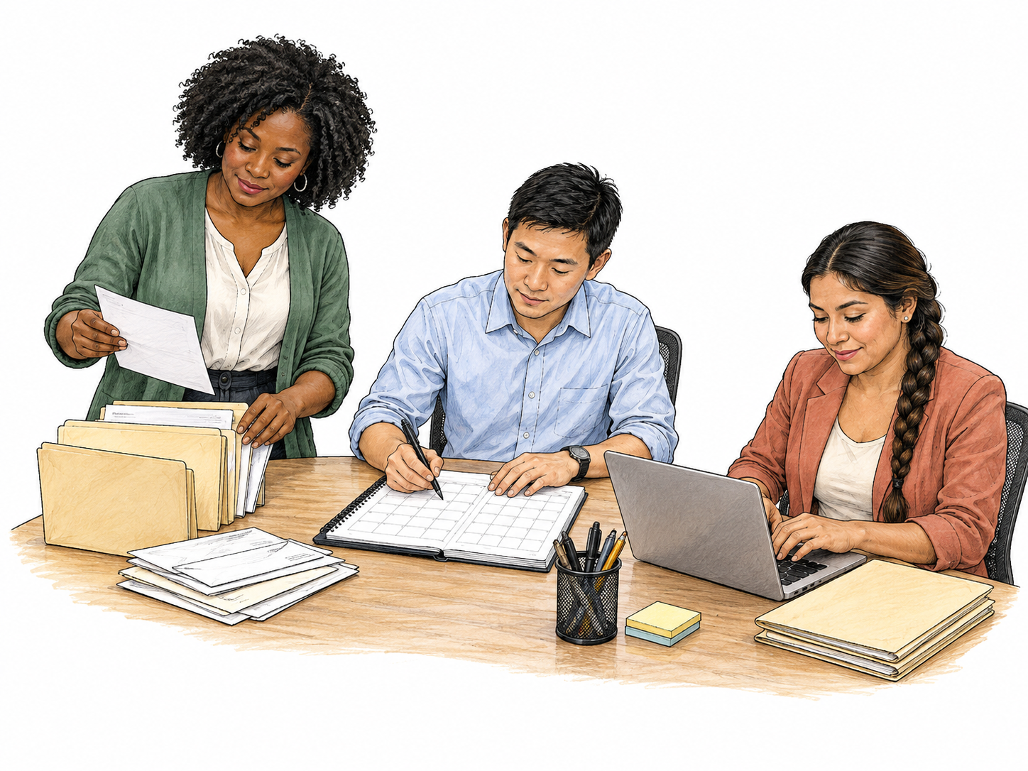 Three administrative staff coordinate plain folders across shared small worktable: one sorts correspondence, one schedules using blank grid, one types; organizational office function, no walls, shelves or titles.