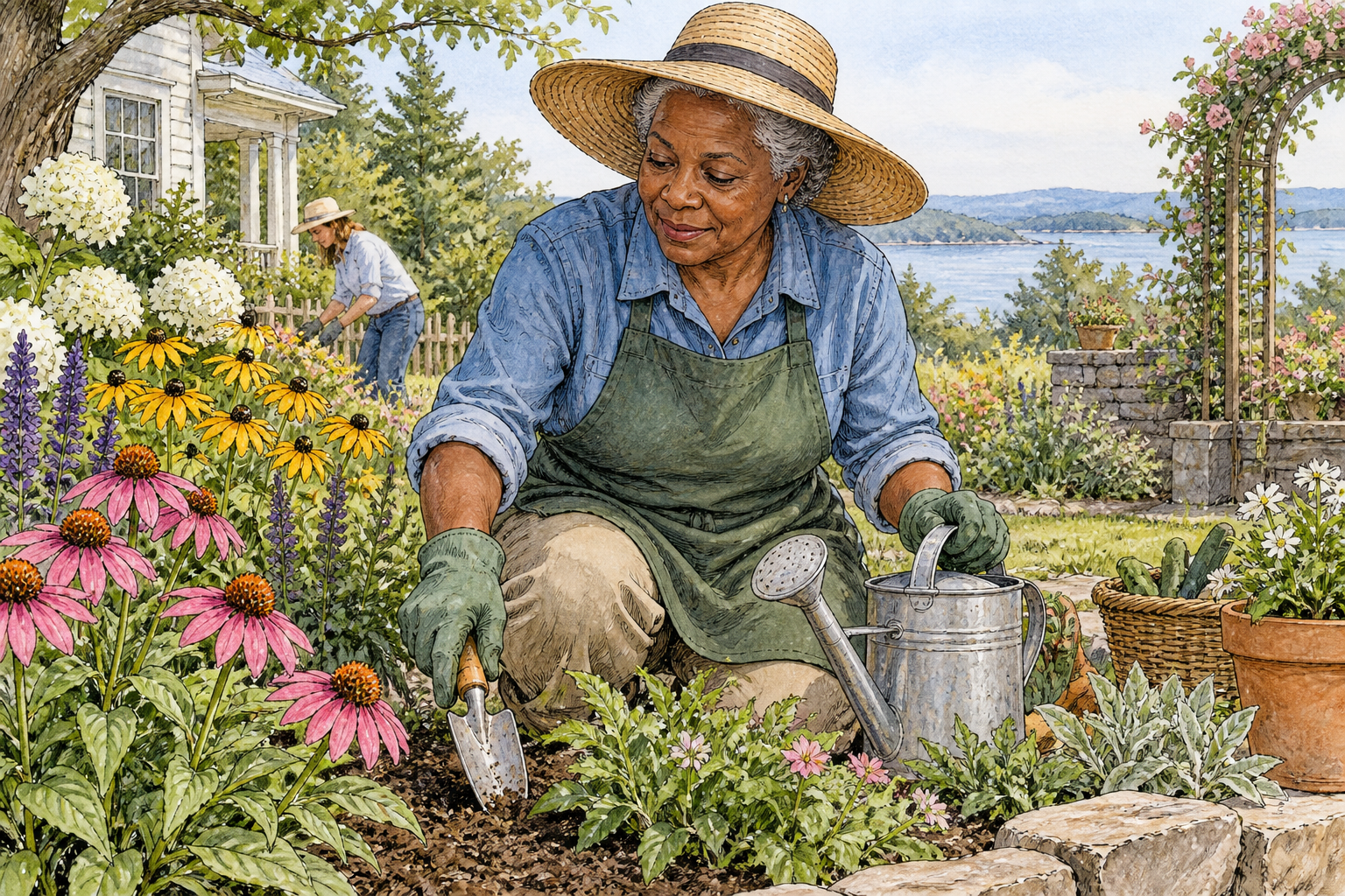 An older Black woman gardener tends flourishing flowers with hand trowel and watering can, capable calm expression.