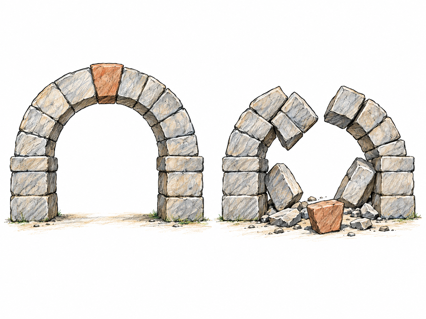 A paired view demonstrates the importance of a keystone: a complete stone arch stands securely, while the same arch collapses when its central wedge-shaped stone is removed.