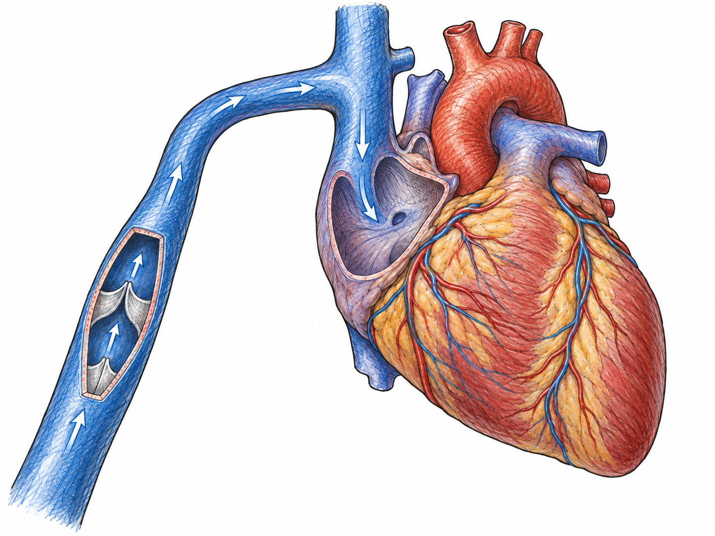 An isolated anatomical view of a vein joining the heart, with a short cutaway revealing venous valves and small directional arrows showing blood moving toward the heart.