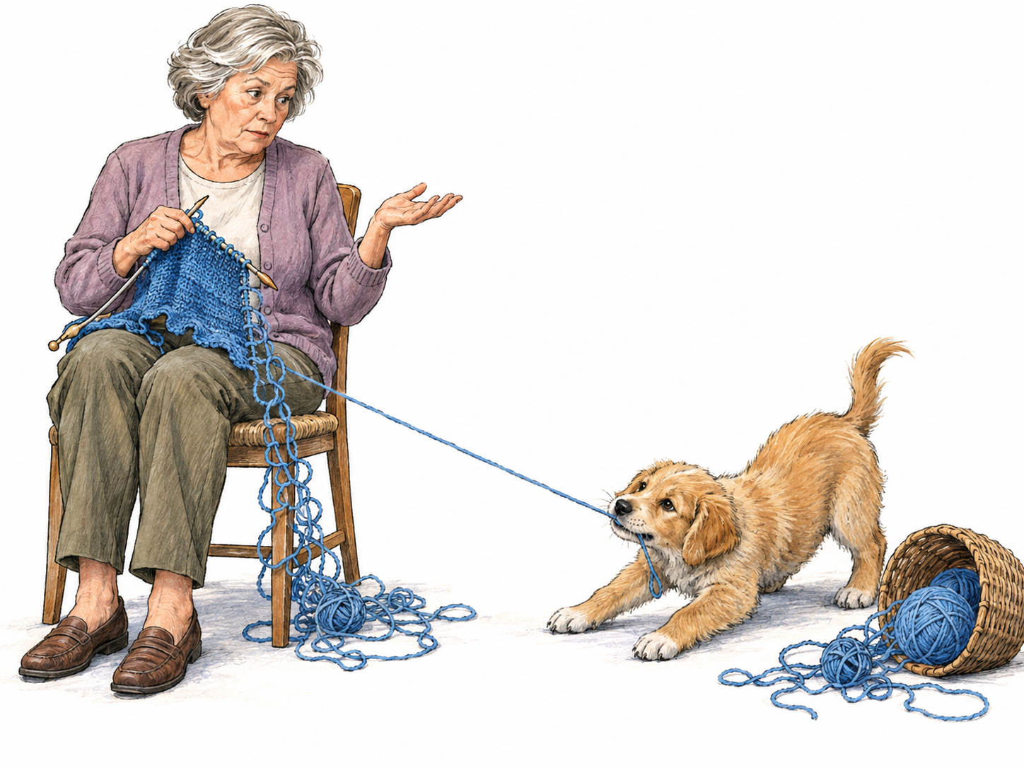 A mischievous puppy actively pulls yarn from an older woman's knitting, leaving a visibly unraveling piece and tangled loops around the chair.