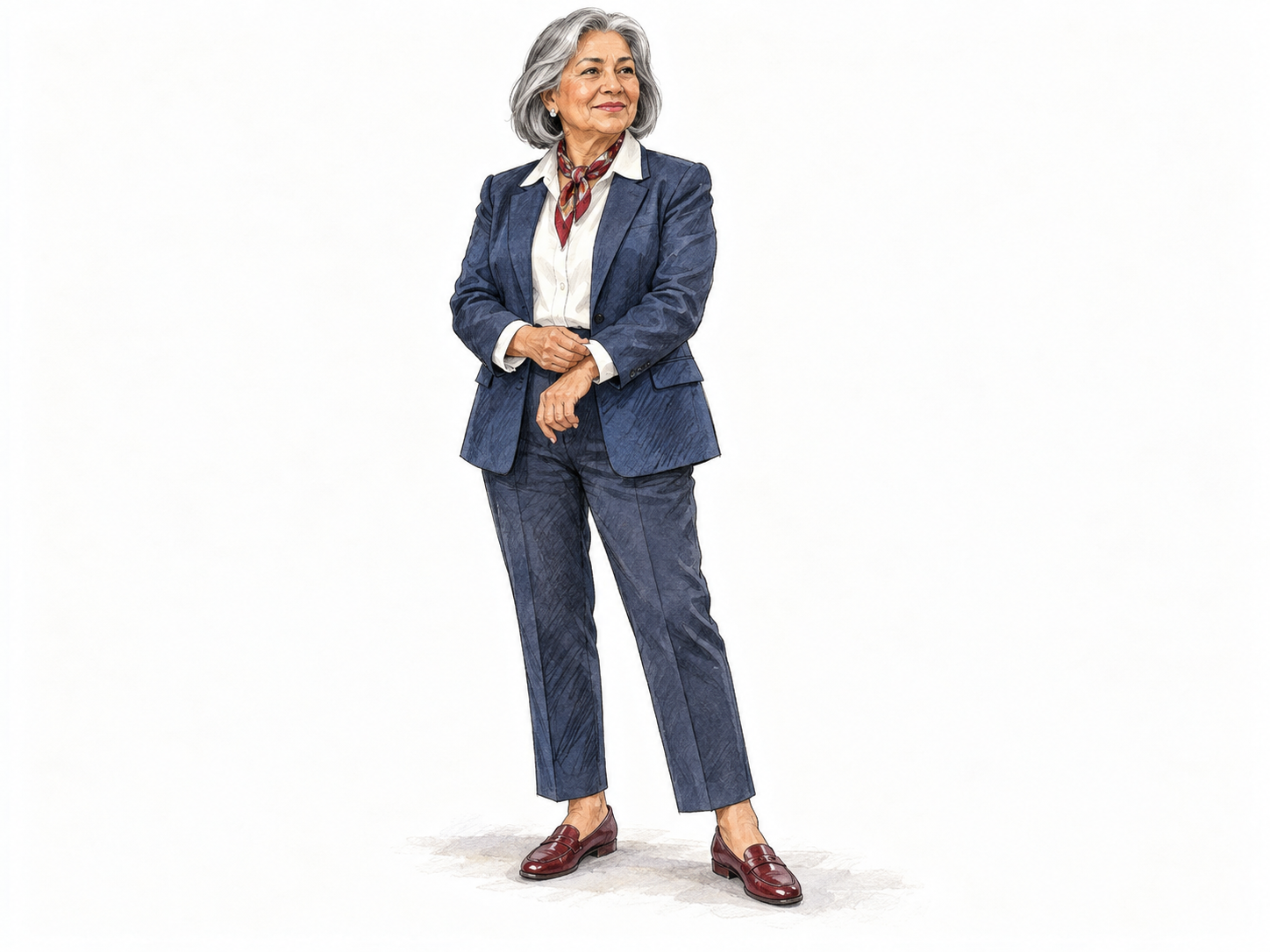 An impeccably groomed older woman in a neatly tailored, coordinated outfit straightens her jacket cuff, making her crisp, stylish appearance the unmistakable focus.