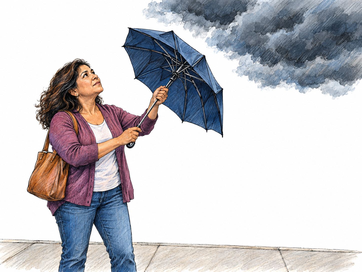 A woman looks up at approaching dark storm clouds and begins opening her umbrella while the pavement and air are still dry, visibly anticipating rain before it starts.