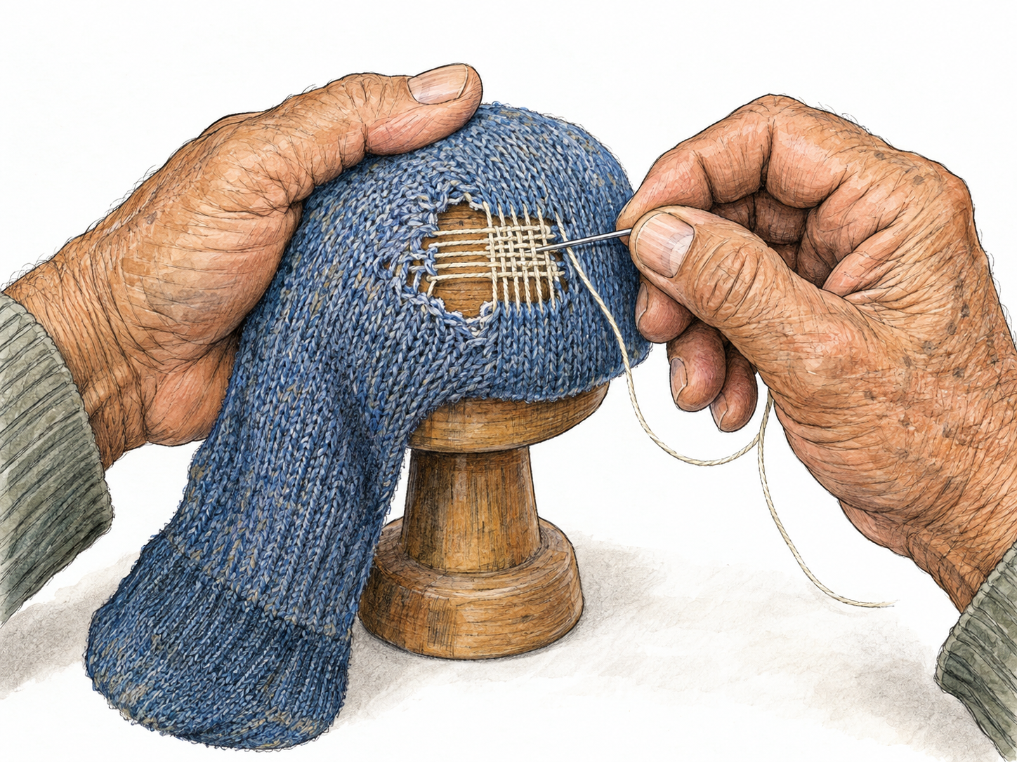 Close-up of an older man's hands darning a sock: a needle weaves new thread across a clearly visible hole, with part of the gap already filled by a small grid of interlaced repair stitches.