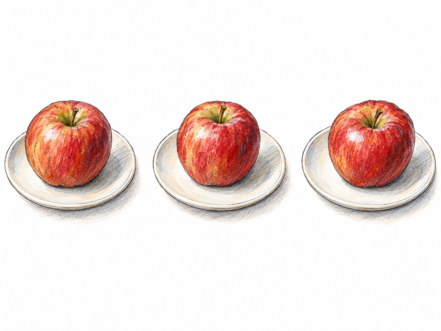 Three separate small plates in a clear row, each holding exactly one apple, make every member of the set individually visible.