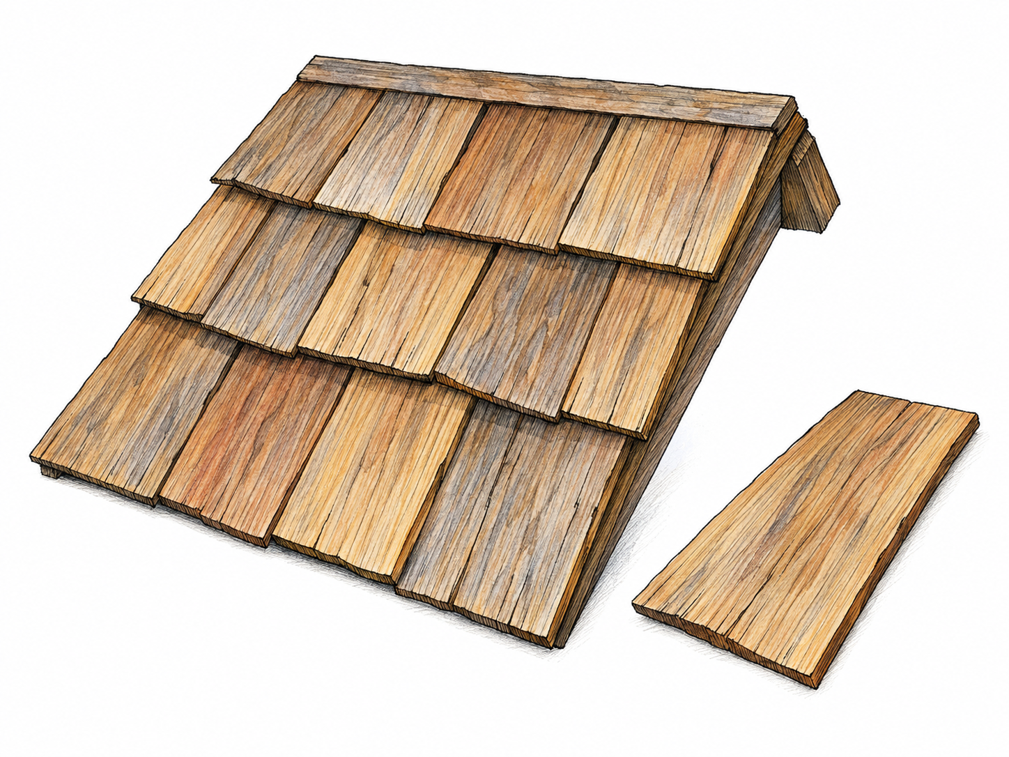 A small roof section covered in overlapping wooden shingles, with one loose shingle beside it shown at an angle so its thin profile is clear.