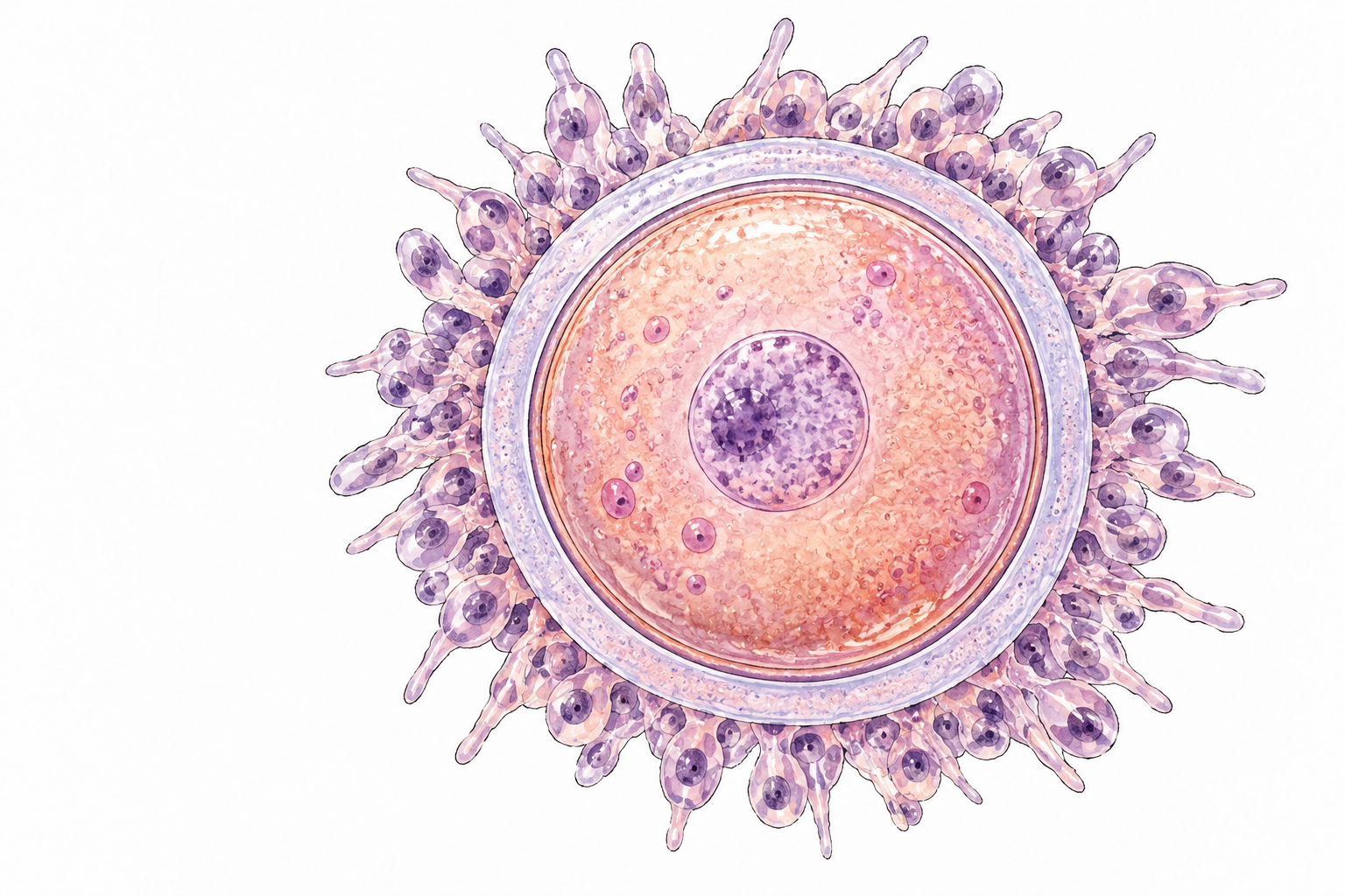 Magnified human ovum: large spherical cell with nucleus, zona pellucida and surrounding corona cells, educational.