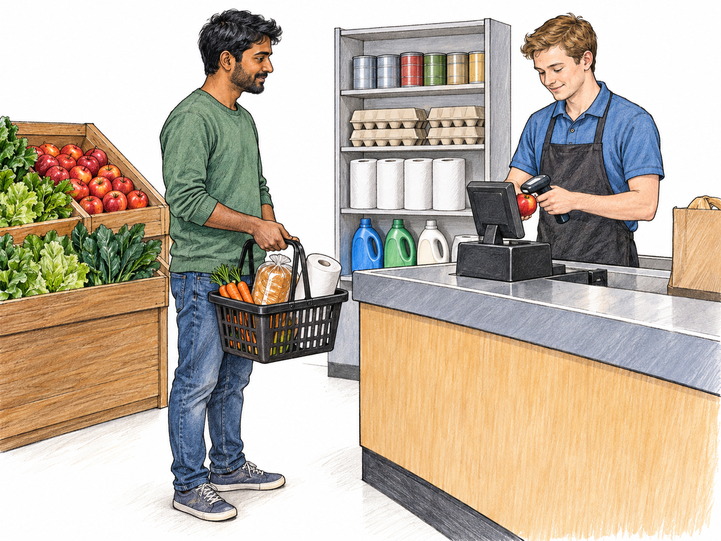 A compact grocery-store cutaway showing fresh food and household supplies for sale, with a shopper bringing a basket to the checkout.