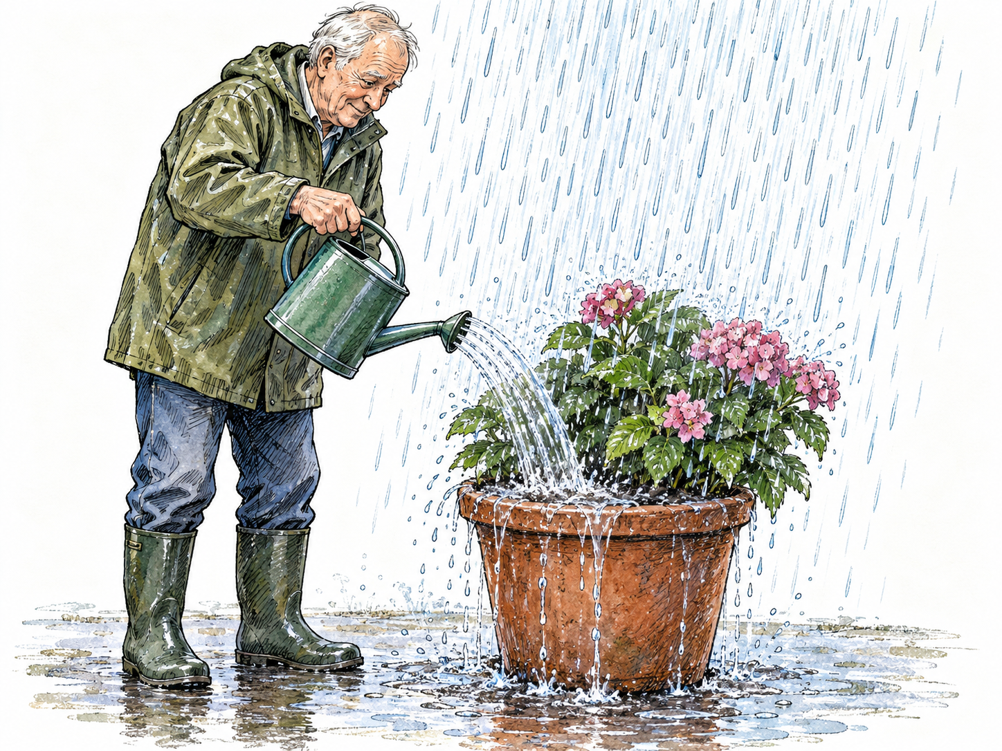 An older man waters an outdoor flowerpot during a heavy rain shower, even though rain is already soaking the plant and water is spilling from the saturated pot.