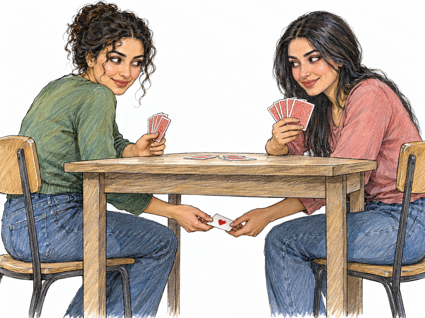 Two conspirators secretly rig a card game: one woman covertly passes an ace beneath the table to her partner, who conceals the exchange behind her own hand of cards.