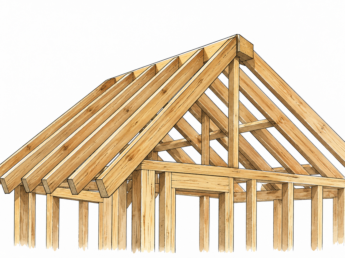 A house roof under construction clearly shows sloping wooden rafters meeting at the ridge.