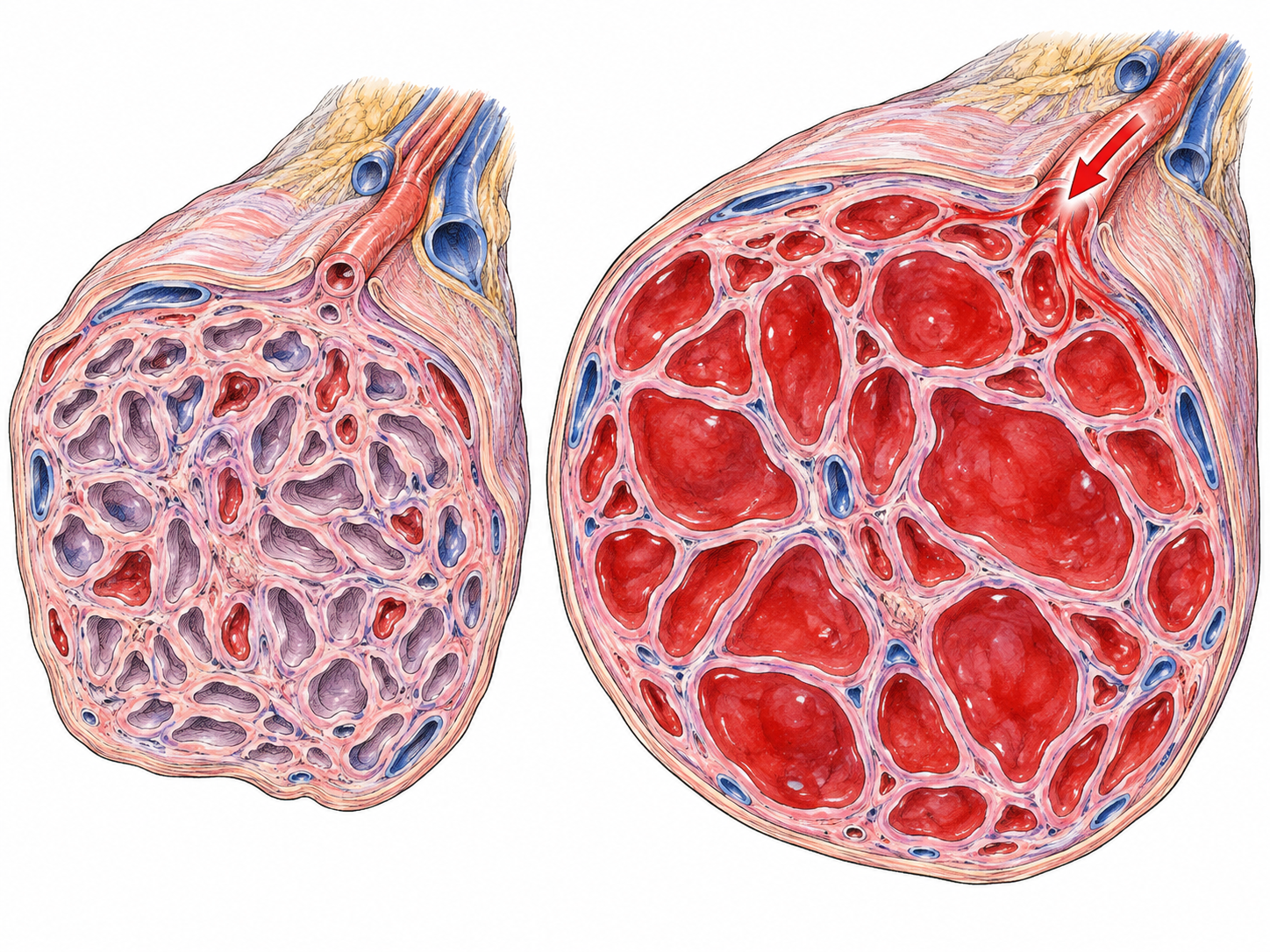 Vascular tissue expands and firms as its spaces fill with blood.