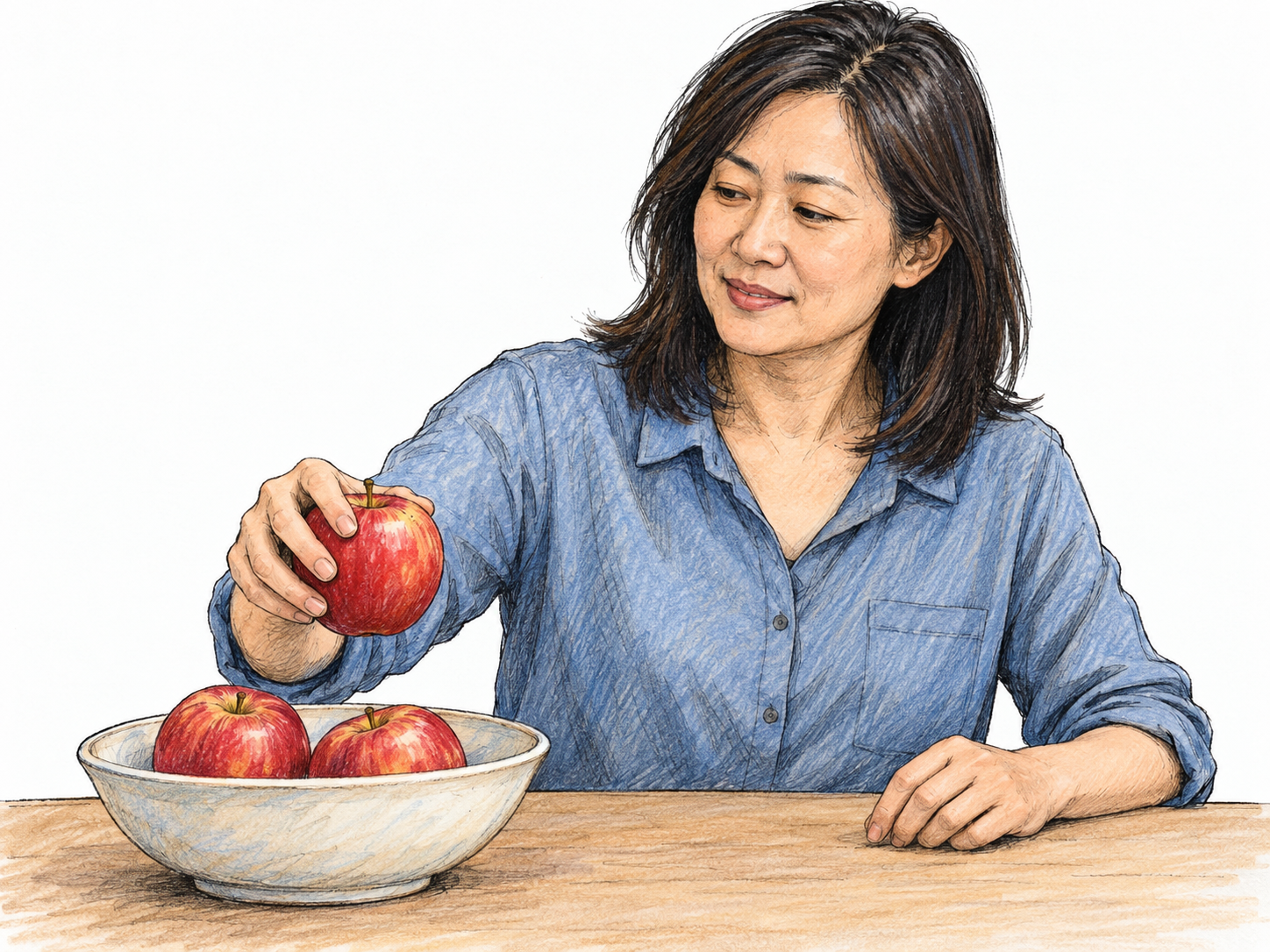 A woman takes an apple from a shallow fruit bowl, her fingers visibly wrapped around the apple as she lifts it clear of the remaining fruit.