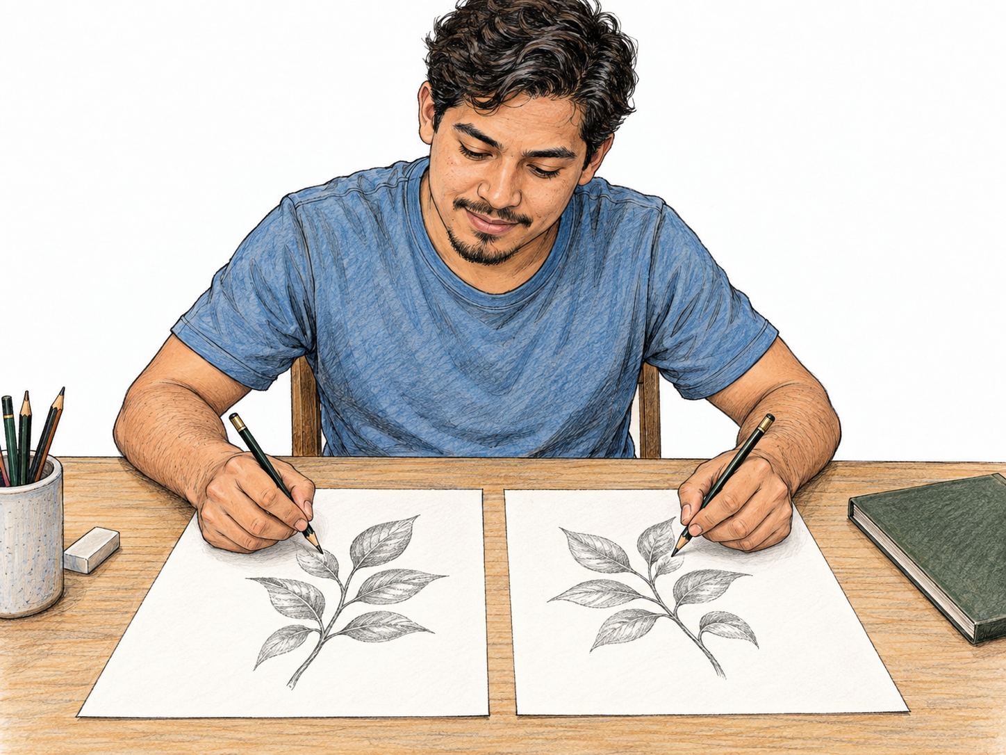 A young man draws two equally precise matching botanical sketches simultaneously, one with each hand.