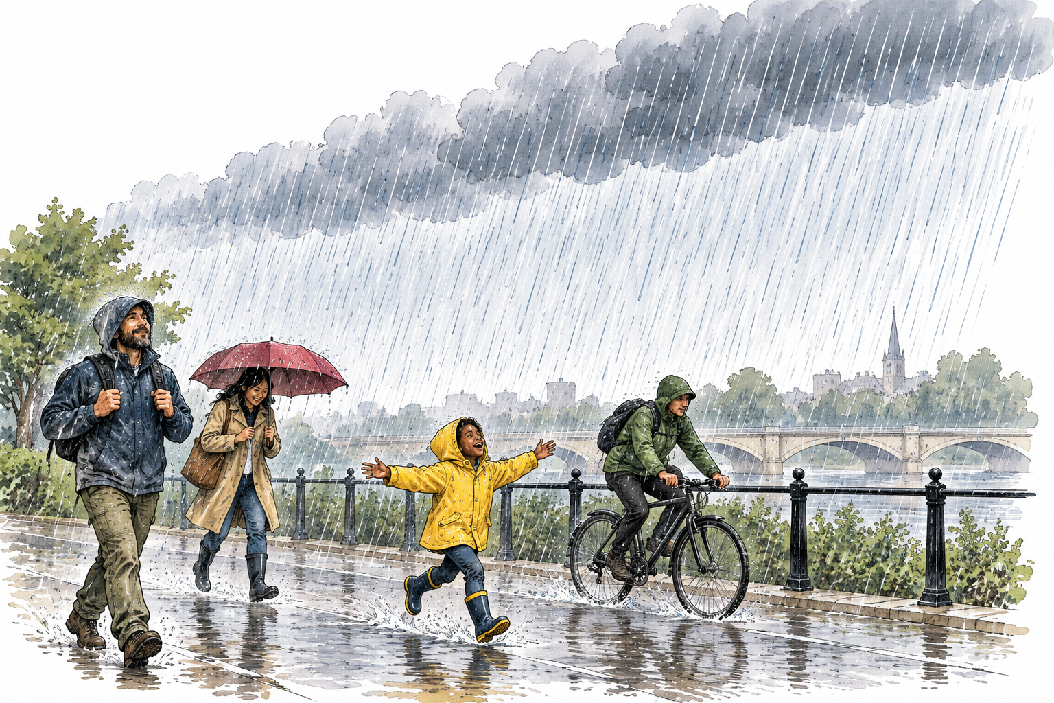 Continuous raindrops pour steadily from clouds across an uninterrupted broad streak, ongoing rain.