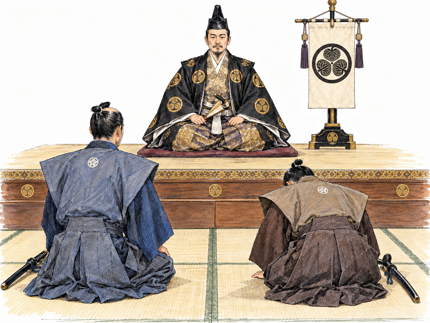 An early Edo-period shogun presides from a raised audience platform while two armed samurai kneel respectfully below him, emphasizing military sovereignty rather than battlefield command.