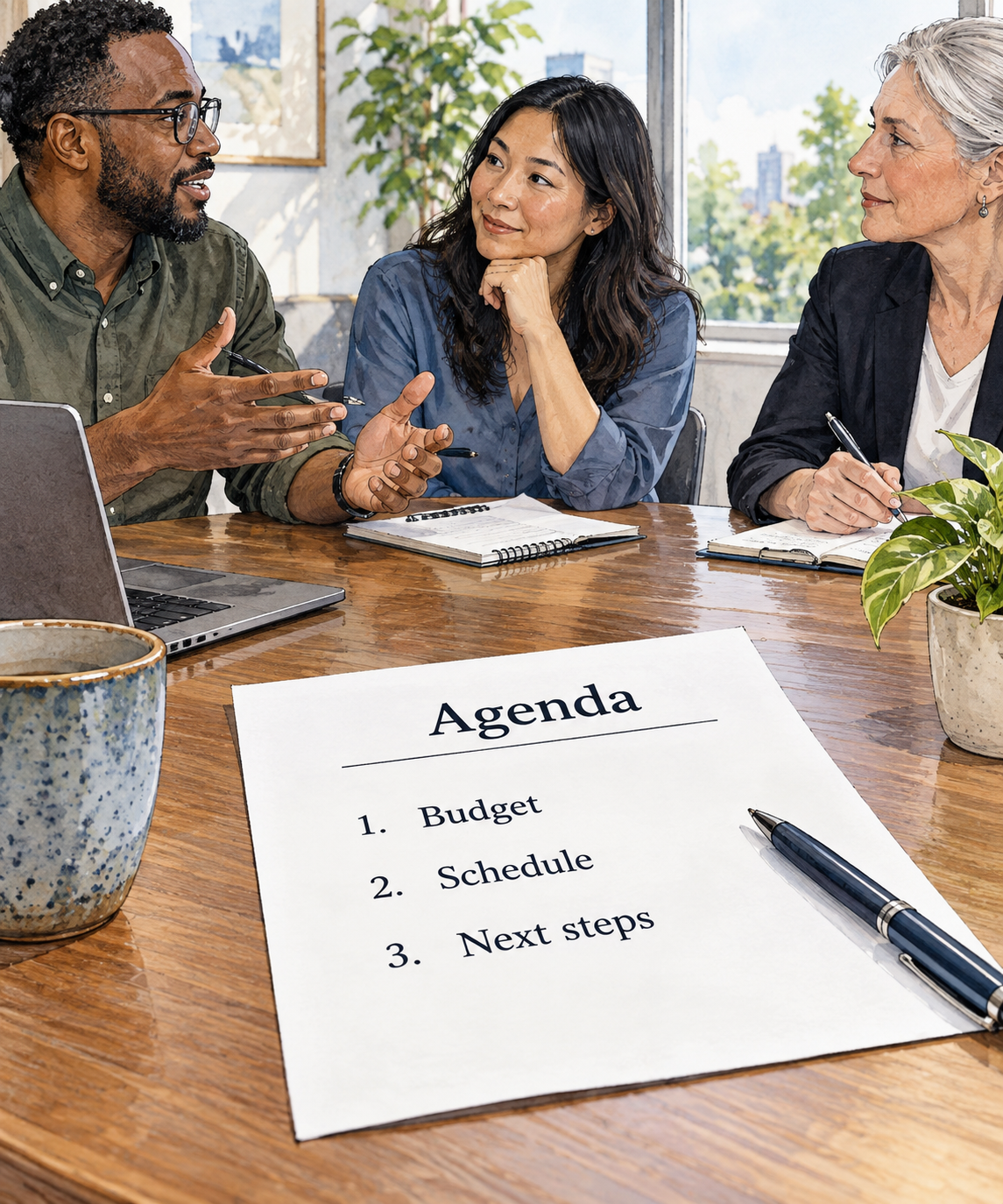 A meeting agenda sheet with three exact entries: Budget, Schedule, Next steps.
