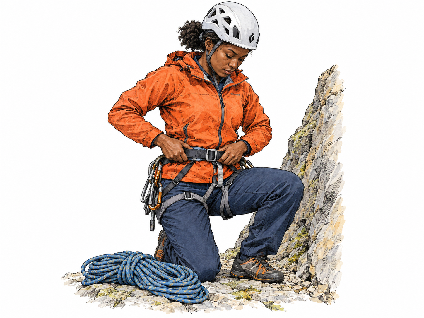A mountaineer deliberately tightens the waistbelt of a proper climbing harness before attempting a demanding climb.