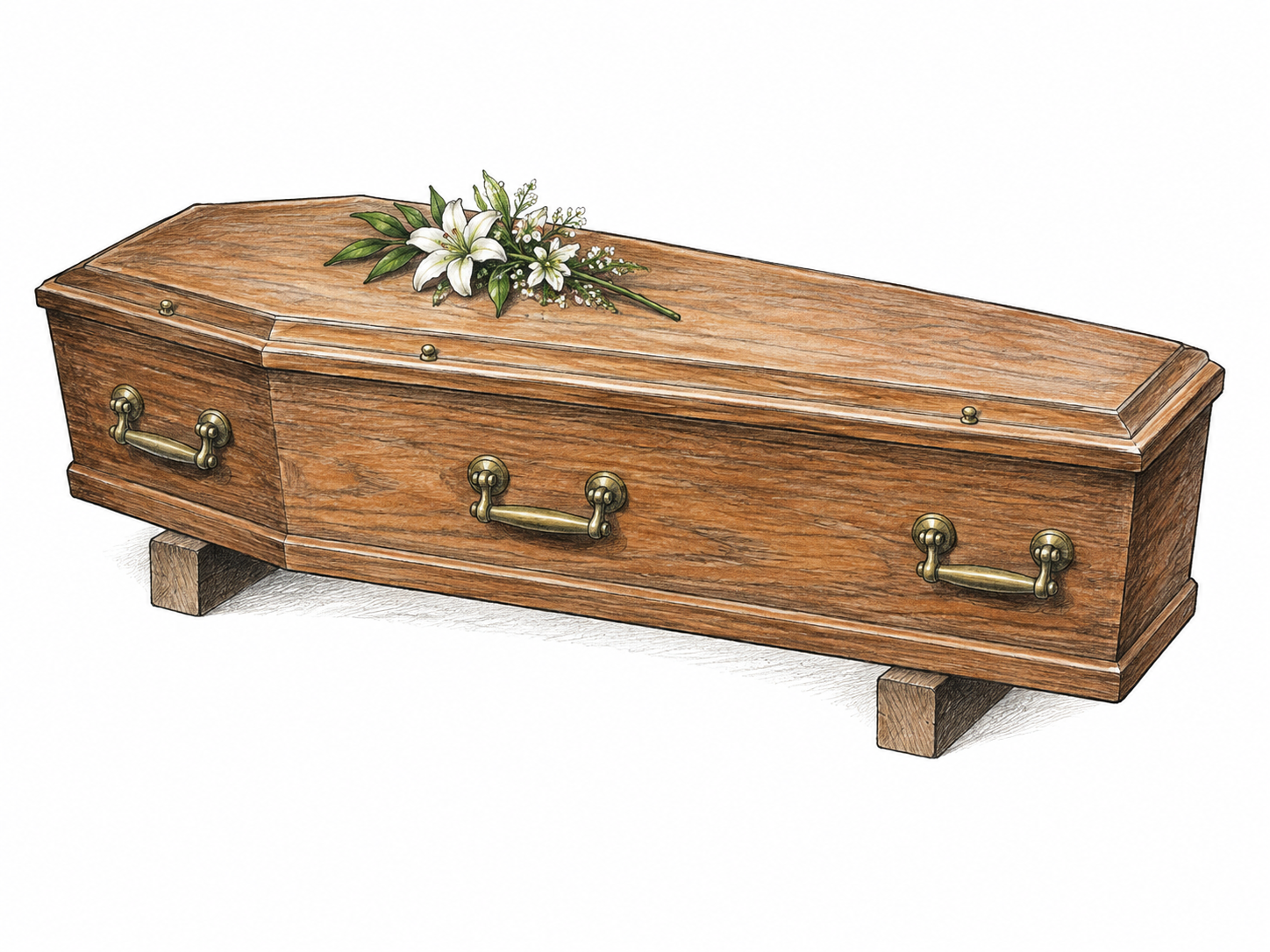Closed simple wooden coffin resting on plain low supports with small flower sprig, respectful neutral funerary object study, no body or morbid detail, white ground.