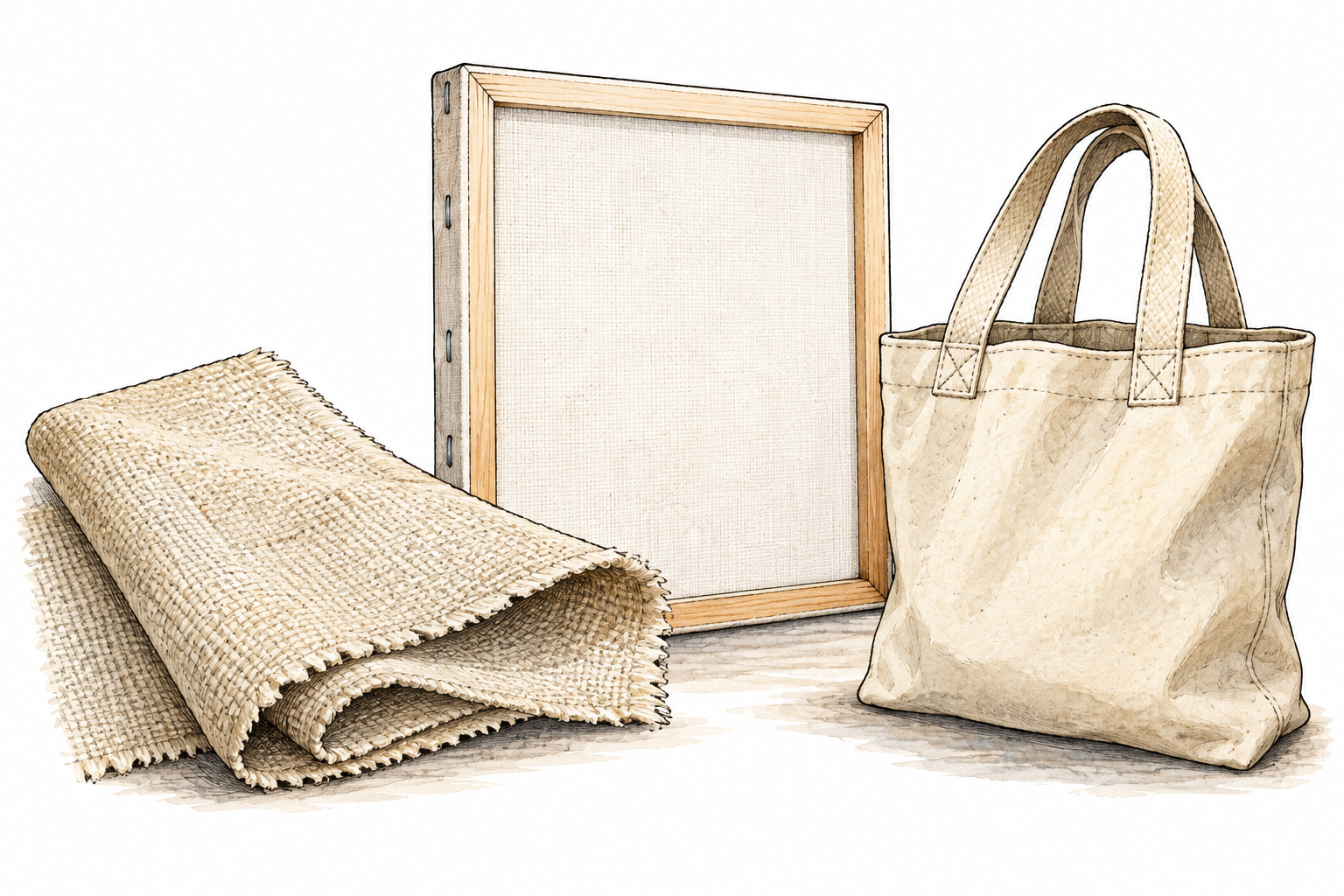 A sturdy canvas cloth swatch beside an artist's stretched canvas and a simple canvas bag.