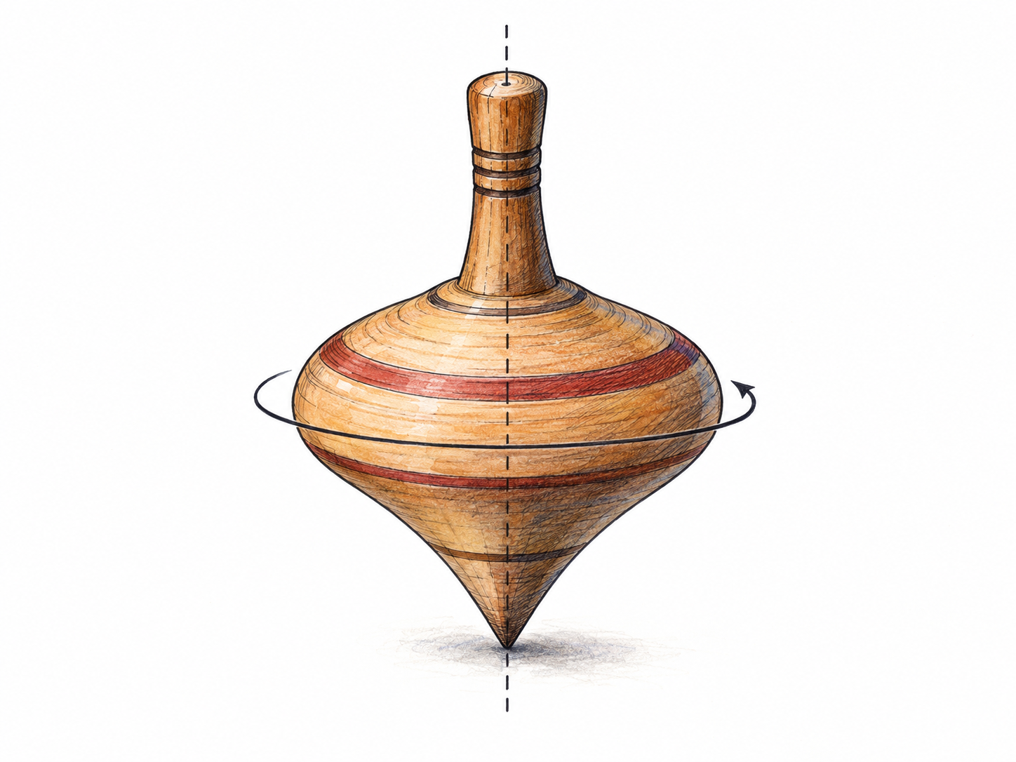 A spinning wooden top with a fine dashed imaginary line passing through its center and contact point, and a small curved motion arrow showing rotation around that line.