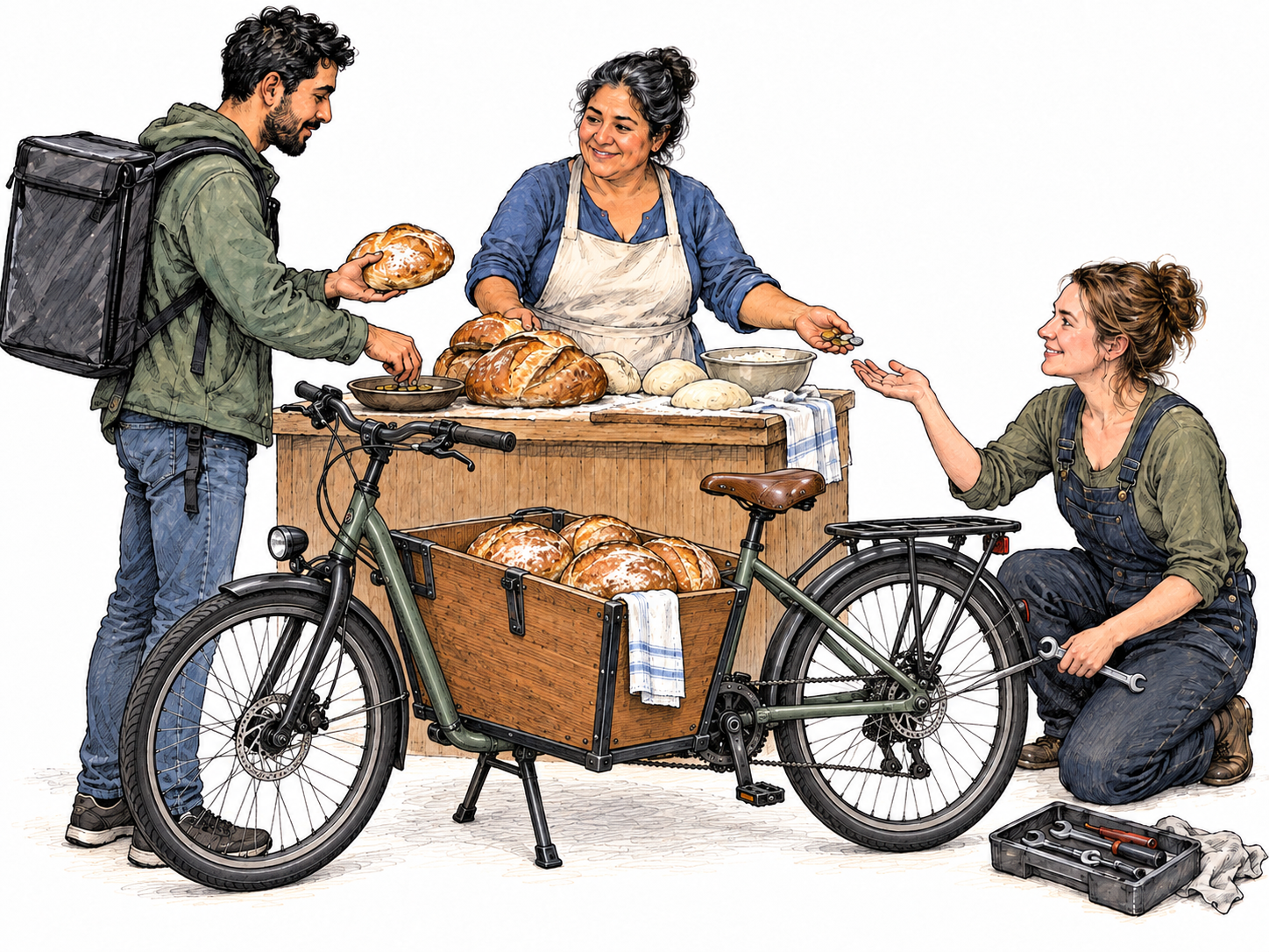 A compact neighborhood economy: a baker produces bread and sells a loaf to a bicycle courier, while a mechanic repairs the baker's delivery bicycle and receives payment from her.